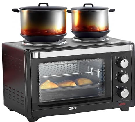 Mini forno con piano cottura, 28 litri, spiedino elettrico, piastre di cottura integrate, forno per pizza, mini forno, forno 3 in 1, piastra per briciole, calore superiore e inferiore, risparmio