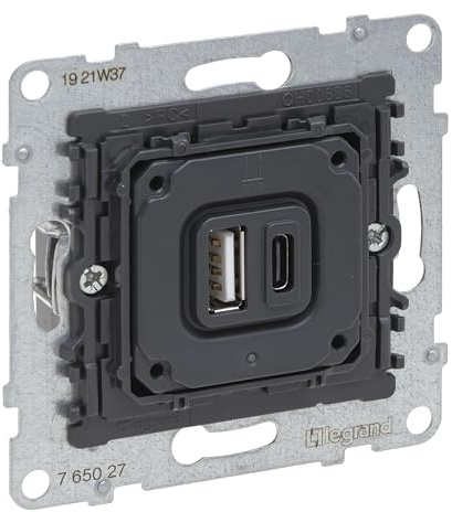 LEGRAND, SEANO 2-fach USB-Ladesteckdosen-Einsatz, 1x-Typ A und 1x Typ-C Ladestrom: 3 A bei 5 V bei einem Gerät, 1,5A bei gleichzeitigem Laden, 765027