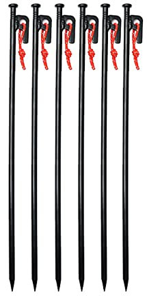 Robuste Zeltheringe, Zeltpflöcke, Campingzeltpflöcke, mit Haken und Loch, mit robuster Tragetasche, für Outdoor-Ausflüge, Wandern, Gartenarbeit, große, harte Böden, felsig, schwarz (schwarz, 6 St