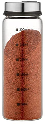 Hanzete Bocal à assaisonnement en verre de 300 ml avec échelle 4 sorties pour épices de cuisine chili poivre poudre saupoudreuse barbecue salière