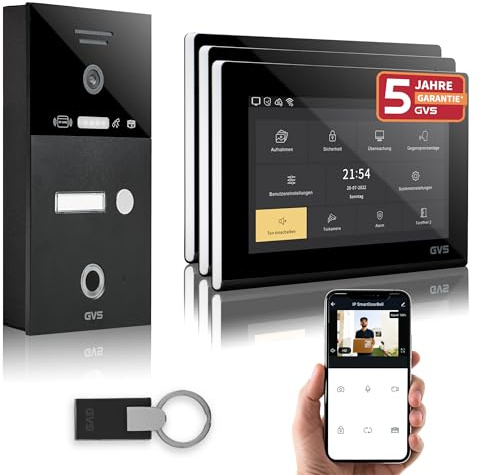 GVS Video Türsprechanlage mit Türöffner, Fingerprint, RFID, 3X 7 Monitore | Smarte Video Türklingel mit Kamera und Monitor & App - Gegensprechanlage für 1 Familienhaus (AVS5286A)