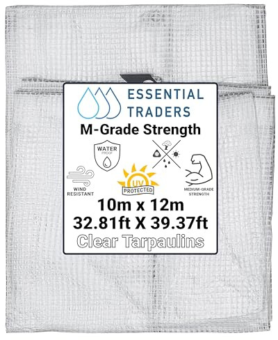 Clear Monotex Heavy Duty Tarpaulin, 100gsm Waterproof Ground Cover Multipurpose Furniture, Caravan, Vehicle, Tool, Camping & Shed Mono Sheet, Medium Weight Reinforced Cotton Mesh (10m x 12m)