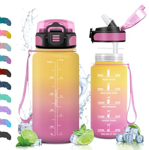 Vikaster Trinkflasche, Trinkflasche mit Strohhalm 0.5L, Sport Wasserflasche Leak-Proof, BPA-Free, Sportflasche für Schule, Camping, Yoga, Gym, Outdoors, Gelb rosa-500ml