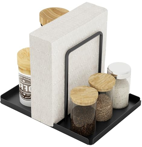 LSK Napkin Holder, Metal Napkin Holder for Table with Salt and Pepper Shakers Caddy, Napkin Storage Dispenser for Kitchen Dinner Table and Picnic Decors, Black