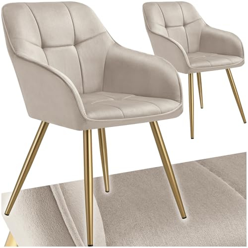 tectake® Samt Stuhl, Esszimmerstuhl mit Stepp Samtstoff, Küchenstühle modern, gemütlicher Sessel Wohnzimmer, Armlehnstuhl Esszimmer, Dining Lounge, Schminktisch Stuhl - Taupe/Gold, 2er Set