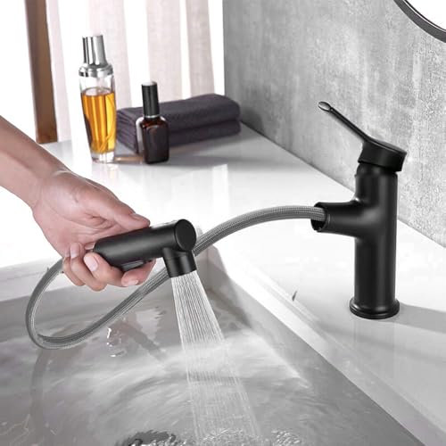 Rubinetto allungabile per bagno nero, miscelatore monocomando per lavabo, rubinetto da bagno, miscelatore monocomando con 3 modalità doccetta estraibile, rubinetti per bagno