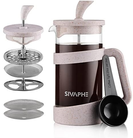 Sivaphe French Press Kaffeemaschine I Tragbare Cafetière mit Dreifachfilter I Hitzebeständiges Glas mit Löffel (White, 350ml)