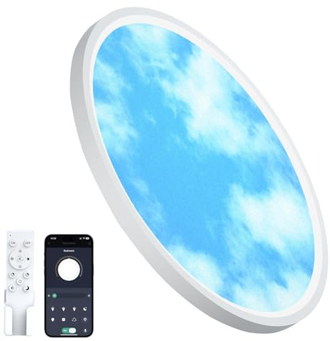 Aphyni Himmel LED Deckenleuchte Ø40 cm 33W, dimmbar in Blau und Weiß | Blauer Himmel mit weißen Wolken, 3000–6500 K, 4000 lm, Nachtlicht, Timer, Speicherfunktion und IP44 für Bad und Balkon