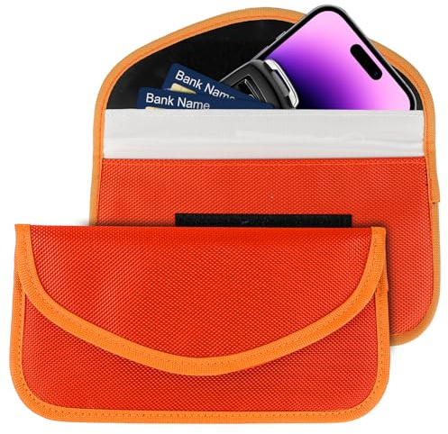 Ongfuwu Faraday-Tasche für Handys und Autoschlüssel, RFID-Signalblockiertasche, Diebstahlschutz, Faraday-Tasche für Handy, Sichtschutz, Signalabschirmung, Orange, 2 Stück
