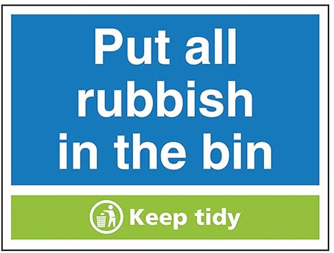 V Safety Put All Rubbish In the Bin Keep Tidy 200 x 150 mm - Self Adhesive Vinyl Safety Sign