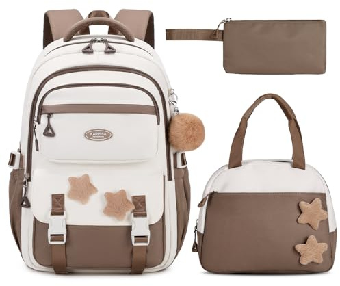 Amythe Mochila Escolar para Niñas 9 10-14 Años, Mochilas Resistente e Impermeable con 7 Bolsillos, Incluye Estuche y Bolsa de Almuerzo, Mochila Colegio Adolescente Chicas, Marrón