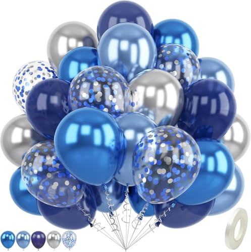 60 Pcs Blue and Silver Balloons 12 Inch Blue Silver Navy Blue Baby Blue and Blue-Silver Confetti Balloon Sets for Birthday Graduation Wedding Engagement Celebration Party Decorations