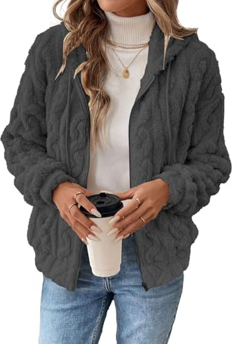 Yeenily Teddyjacke Damen PlüSchjacke Fleece Einfarbig Langarm Zip Damen Mit Kapuze Taschen ReißVerschluss Sweatshirt Hoodie