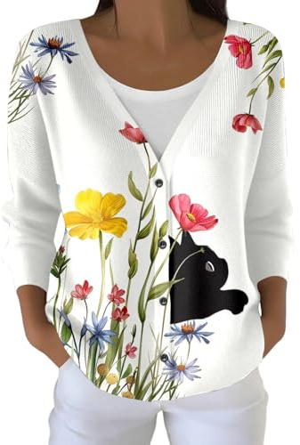 Cardigan pour femme avec motif de chat amusant - Cardigan en tricot avec boutonnière et chats curieux - Haut charmant pour les amoureux des chats