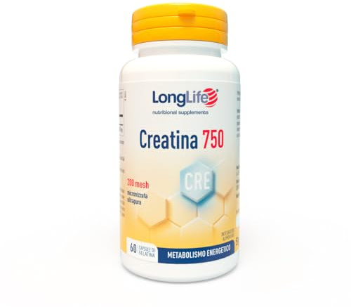 LongLife® Creatina 750 | Creatina monoidrato micronizzata ultrapura | Energia e forza muscolare | Performance fisica e sportiva | 60 capsule | Senza glutine e doping free