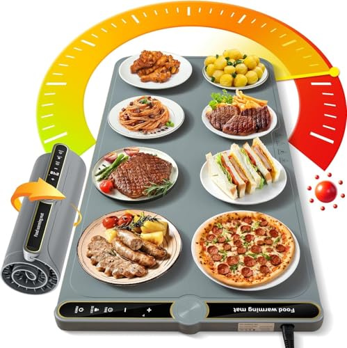 Warming Mat for Food Extra Large, Silicone Heating Pad with 9 Temp Settings & 6H Timer, 8s Fast Heat, Child Safety Lock, Foldable Buffet Warmer for Kitchen Countertop, Party Buffet (Gray)