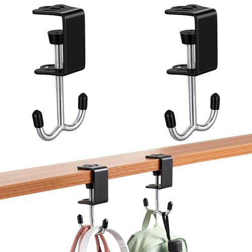 2PCS Heavy-Duty Purse Hooks for Table and Desk, Clamp-On Under Desk Hooks, Table Alloy Hanger, Adjustable Desktop Bag Hook for Handbag, Backpack, Headphone, Umbrellas, Office-Table Accessories (Black)