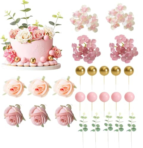 25 Pcs Flower Cake Decorations, Pink Cake Flower Decorations, Cake Toppers | Simulation floral cake decorations, DIY birthday cake decorations, For birthday nuptial valentine's day party celebration