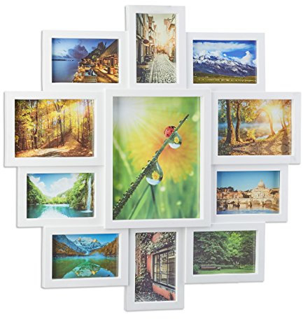 Relaxdays Bilderrahmen Collage, Bildergalerie für 11 Fotos, Fotorahmen zum Aufhängen, für mehrere Fotos, weiß, 10 x 15 cm