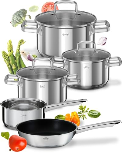 RÖSLE Moments Topfset Induktion 5 Stück, Edelstahl mit Aluminiumkern | 3 Töpfe mit Deckel, Kasserolle und antihaftbeschichtete Bratpfanne, für alle Herdarten, ofenfest bis 180 °C