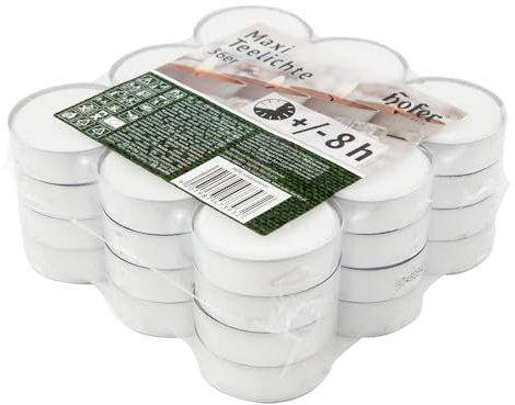 Hofer - Kerzen Teelichte Maxi tealight, in Metallhülsen, bis zu 8h Brenndauer, Durchmesser 57 mm, weiß - Pack a 36 Stück, Farbe Weiß,Tropffrei Wachskerzens, kein Duft, Hergestellt in Österreich