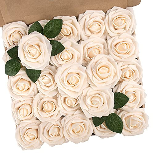 N&T NIETING Artificial Flowers Roses, 25pcs Real Touch Foam Roses, Fake Flowers Rose for DIY Wedding Bridal Bouquets Baby Shower Table Centerpieces Home Decorations, Cream