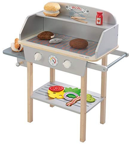 roba Jouet Barbecue en Bois pour Enfant - Cuisine Extérieure + 14 Pièces d'Accessoires et Ingrédients Burger en Peluche