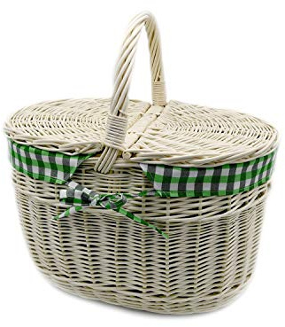 MyBer® flätad korg korg pilkorg med tyginlägg picknickkorg svampkorg bilkorg utflyktskorg 40/28/22 cm (38 cm med handtag) bärkorg med 2 lock helvide shoppingkorg flätad vit K12-027-SHGG