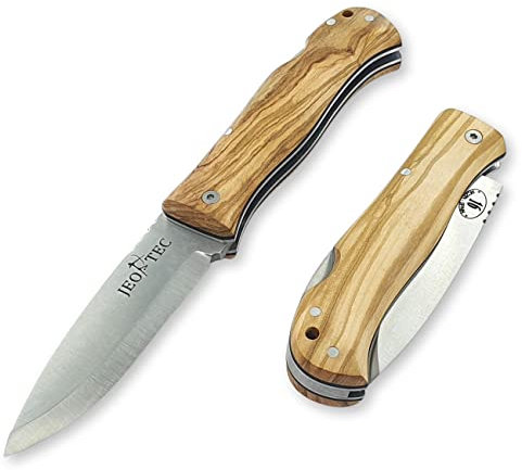 JEO-TEC Nº16 Navaja de Bolsillo para Bushcraft Supervivencia Acampada Caza Pesca Actividades al Aire Libre, Acero Inoxidable Sandvik 14C28N Scandi, Cuchillo Plegable Hecho a Mano en España