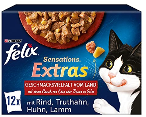 FELIX Sensations Extras in Gelee, 72er Pack (6 x 12 x 85g) | Katzenfutter nass in Gelee, Geschmacksvielfalt vom Land