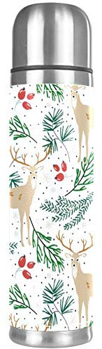 Doppelwandige Thermosflasche mit Weihnachtsmotiven, Wald, Hirsch, Tannenzweige, Beeren, Schnee, Isolierflasche, auslaufsicher, 500 ml