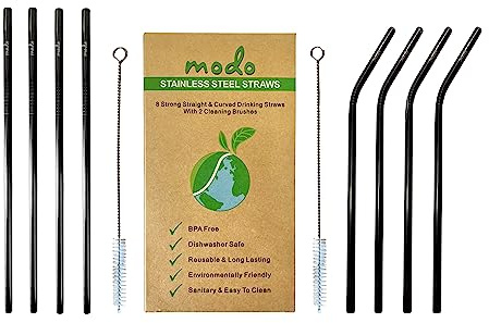 Modo Stainless Steel Straw, Eco Friendly Reusable Metal Drinking Straws with 2 Cleaning Brushes (8 Pack - 4 Straight - 4 Curved) (Black)