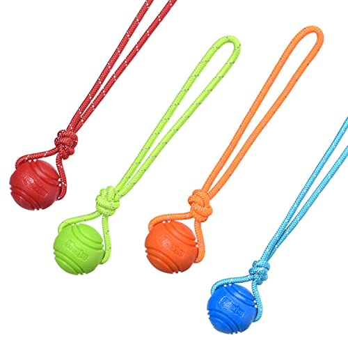 Vitalili Dog Training Ball on A Rope Rubber Dog Rope Toys Ball with Handle for Tug of War K9 Training Rewards for Belgian Malinois Gifts, 6cm in Diameter for Medium Dogs 30-60 Lbs, Pack of 4