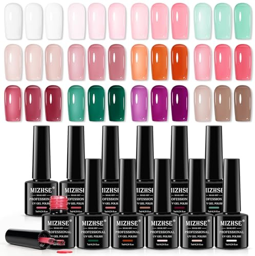 MIZHSE UV Nagellack Set 12 Farben Gel Nail Polish für Nageldesign Nail Art | Sheer, Transluzent, Unifarbe, Jelly-Nagellack