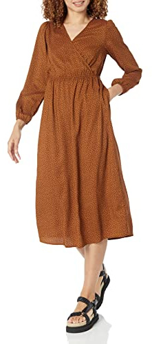 Amazon Essentials Vestido midi ligero Georgette de manga larga con cuello de pico (disponible en tallas grandes) Mujer, Castaño Oscuro Diamante, XL Grande