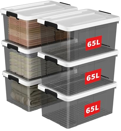 Cetomo 65L*6 Caja de Almacenamiento, Caja de Plástico con Tapa y Cierre Seguro, Contenedor de Almacenamiento Grande, Duradera, Apilable, Resistentes, Negro Transparente, Paquete de 6 de 65L