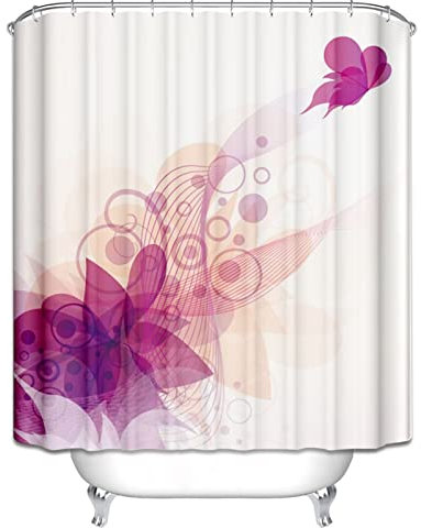 EHOMERY Duschvorhang Nach Maß Duschrollo Für Dusche Blume Duschvorhanghalter Duschrollo Zum Runterziehen Polyester Weiß Lila Rostfreie Ösen Und 12 Hakenringe, 120X180Cm