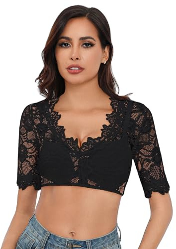 Parabler Dirndl Bluse Damen Spitze Dirndlbluse Oktoberfest Trachtenbluse | Dirndl Bluse Schwarz | Dirndlbluse Weiß | V-Ausschnitt Trachtenblusen | Kurzarm Spitzenbluse | XS-4XL
