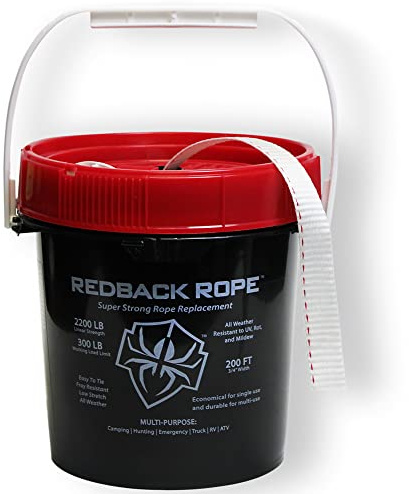 Redback Rope Bucket - 200 Feet 2200lb Strength - All-Purpose Super Strong Rope Replacement, Flat Woven Strap Utility Rope for Hiking, Camping, Hunting, Emergency, Tactical, Truck, RV, ATV