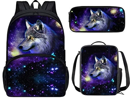 chaqlin Galaxy Blue Wolf Schultaschen Set für Kinder, Tier Wolf Schulrucksack Set mit isolierter Lunch Box, Bleistifttasche für Grundschule Große Buchtaschen Reise Rucksack Set 3 Pcs