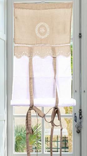 Autrefois Brise bise et Enrouleur, Lin brodé, Voilage Broderie, Style Charme, Petit Rideau Fin, Decoration pour fenetre de Cuisine, Salle de Bain, Salon,French Style, Venise (Lin, 45 x 160 cm)