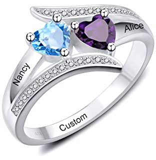 MunkiMix 925 Argento Sterling Anello Incisione 2/3/4 Nome Testo Personalizzato con Pietre di Nascita per Le Donne San Valentino Festa della Mamma Regalo di Gioielleria (2 Nomi, Taglia 20)