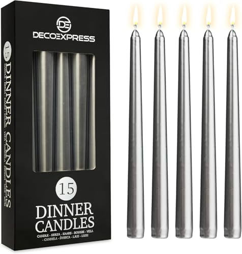 DECO EXPRESS Candles Set, Pack of 15 Classic Dripless Tapered Metallic Dinner Candles, Unscented with 8 Hours Burning Time, Home, Valentine’s Day & Mother’s Day Decor Idea (Silver, 15 Pack)