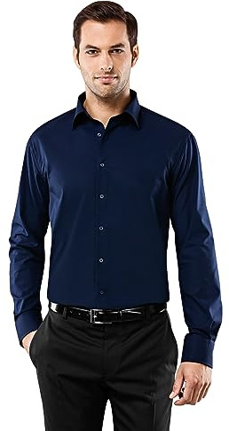 Vincenzo Boretti Camicia Uomo Eleganti, Taglio Normale/Regular-Fit, Collo Classico, Manica Lunga, in Tinta Unita - Non Stiro/Non-Iron Blu Scuro 39-40