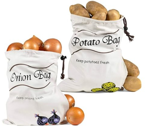 Sacchetti Porta Patate, Cotone Sacchi per Cipolle con Cerniera Laterale Sacchi per Patate Borsa per Patate e Cipolle per Conservare Keep Fresh 2 Pz (26 * 35cm)