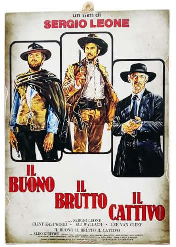 KUSTOM ART Tableau Style Vintage Série célèbres Acteurs Clint Eastwood Affiche Film II Bon, le Laid, le Mauvais Impression sur Bois 25x18 cm.