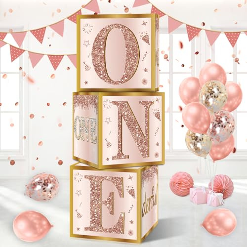 Guiruiy 3Pcs 1st Birthday Boxes Decorations for Girls - Pink Rose Gold Miss Onederful Boxes, One Year Old Girl Birthday Theme Cardboard Balloon Box Decor