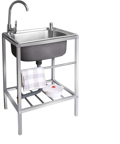 Spüle Edelstahl,Edelstahl Waschbecken für den Außenbereich,Outdoor Garage Garten Camping Keller Ausgussbecken mit Backsplash Abfluss Sieb,Spülbecken mit Warm Kaltwasserhahn (Size : 53 * 38cm)