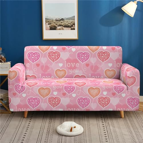 Sofa Überzug 2 Sitzer Liebe Ballon & Pink Sofabezug, Druck Sofaschoner rutschfest, Elastisch Couch Überzug Mit Armlehnen, Sofa Cover Sofahusse Sofaüberwurf Couch Überwurf