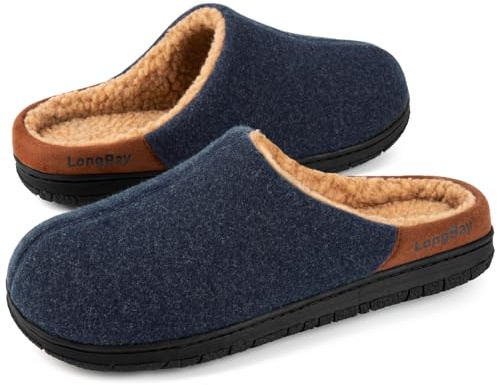 LongBay Men's Wool-Like Slippers Memory Foam House Shoes with Warm Sherpa Lining for Indoor Outdoor Winter Navy Blue Size 9